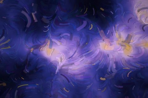 Wide painting of deep indigo strokes with pale violet crests, like water at night.