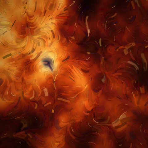 Square painting dense with orange and red strokes radiating from a dark centre.