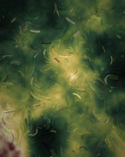 Portrait-format painting of moss greens and yellowed ochre with a single plum mark.