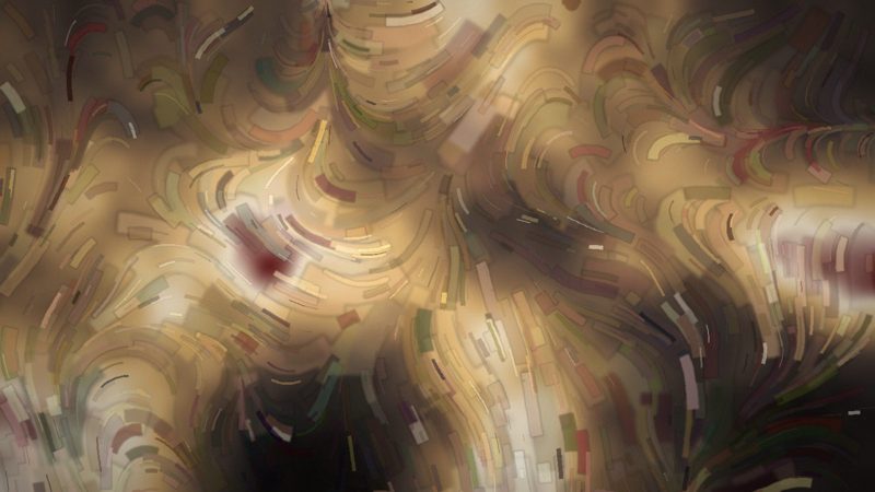 A wide abstract painting in ash and bone tones, with dark horizontal bands like tram lines.
